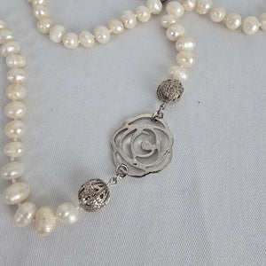 Fresh Water Pearl Floral Silver Hand Knotted Long Necklace