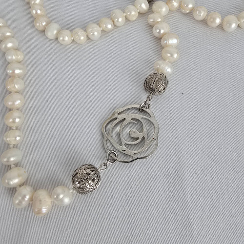 Fresh Water Pearl Floral Silver Hand Knotted Long Necklace