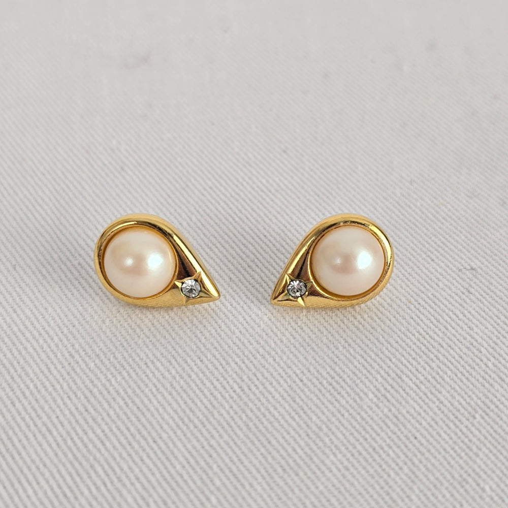 Vintage Gold Tone Faux Pearl Crystal Stud Earrings