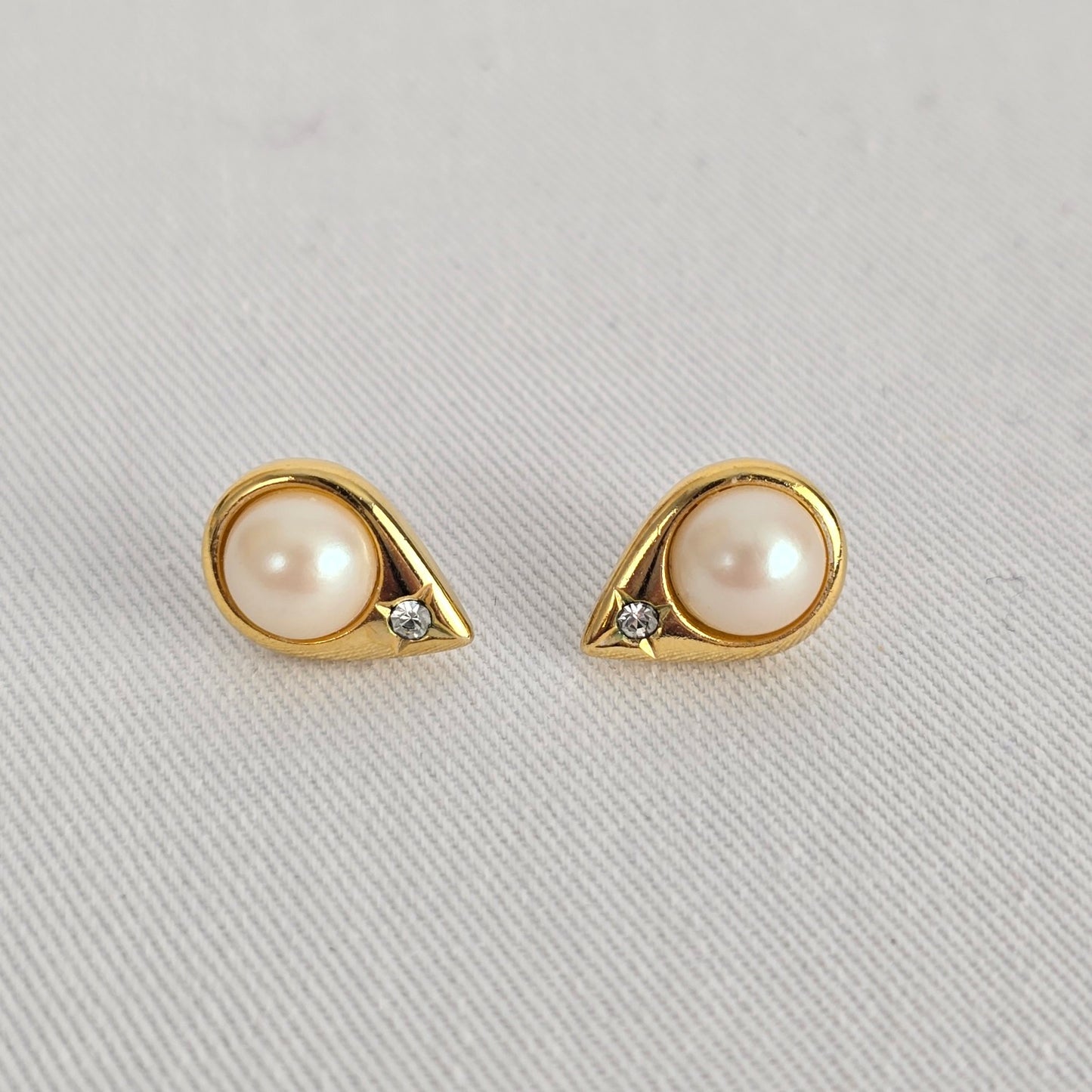 Vintage Gold Tone Faux Pearl Crystal Stud Earrings