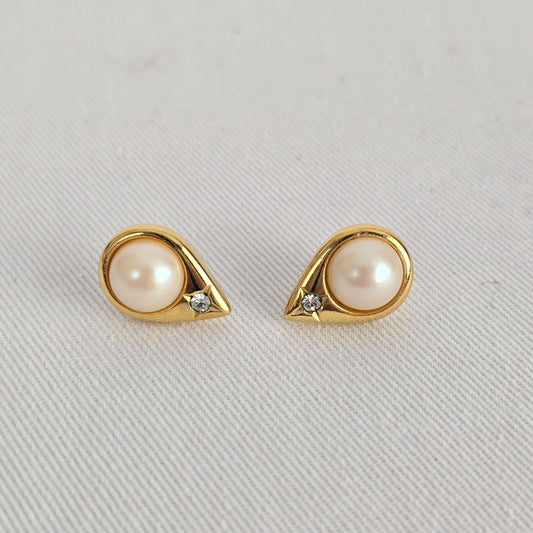 Vintage Gold Tone Faux Pearl Crystal Stud Earrings