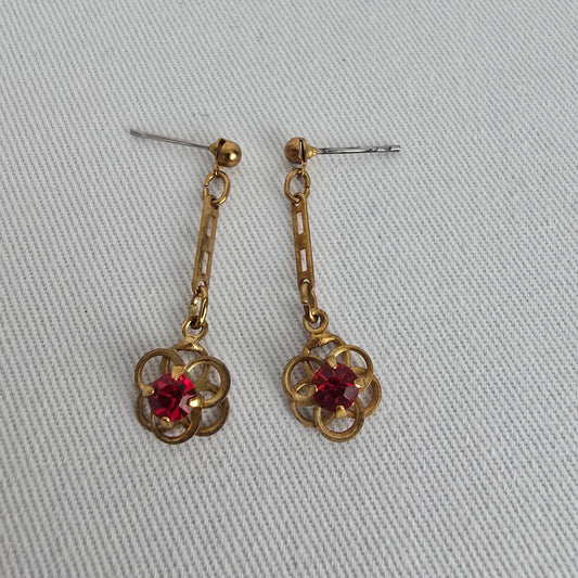 Vintage Gold Tone Red Crystal Flower Drop Earrings
