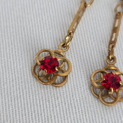 Vintage Gold Tone Red Crystal Flower Drop Earrings