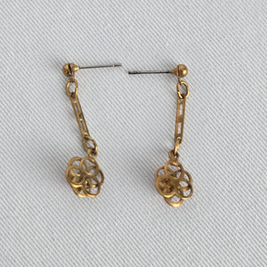 Vintage Gold Tone Red Crystal Flower Drop Earrings