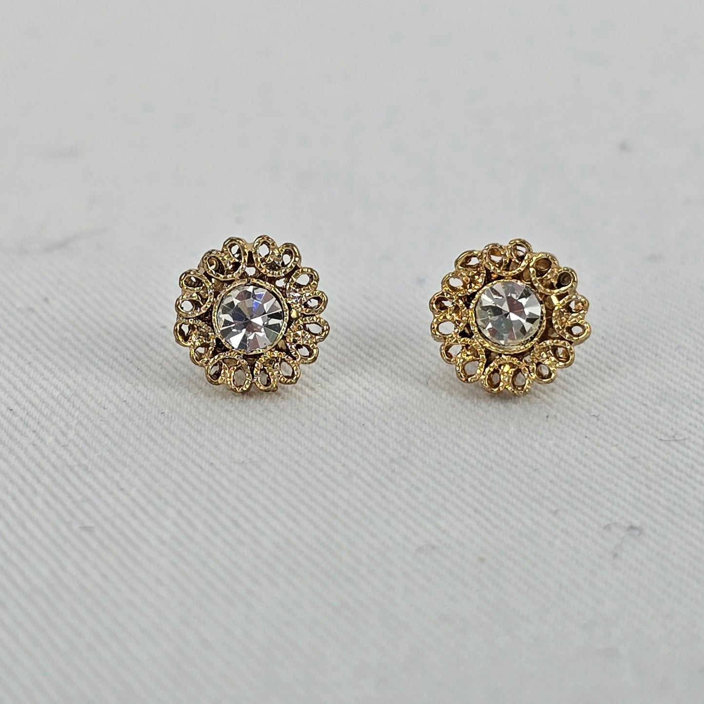Vintage Gold Tone Crystal Flower Stud Earrings