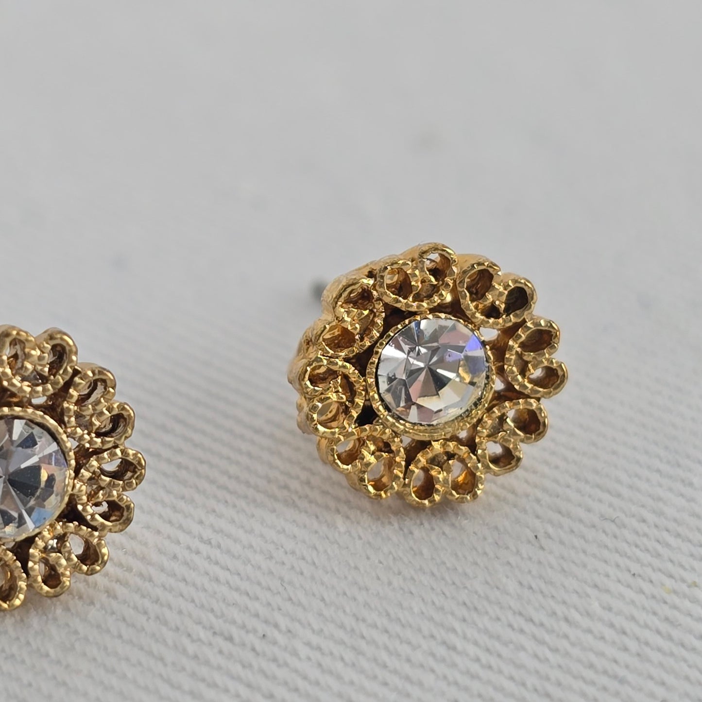 Vintage Gold Tone Crystal Flower Stud Earrings