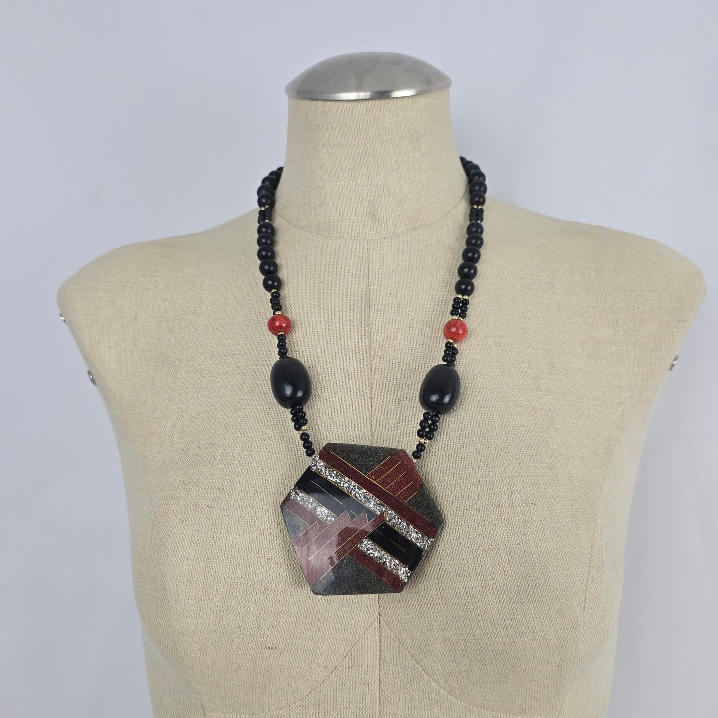 Vintage Brown & Black Beaded Pendant Necklace