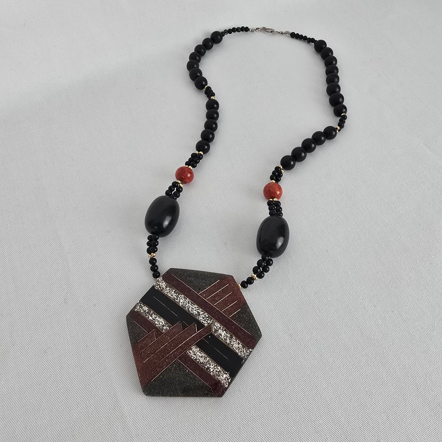 Vintage Brown & Black Beaded Pendant Necklace