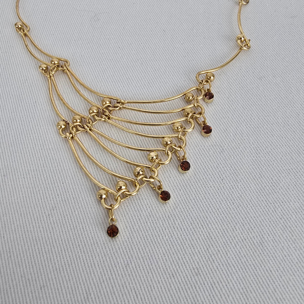 Vintage Gold Tone Brown Crystal Asymmetrical Necklace