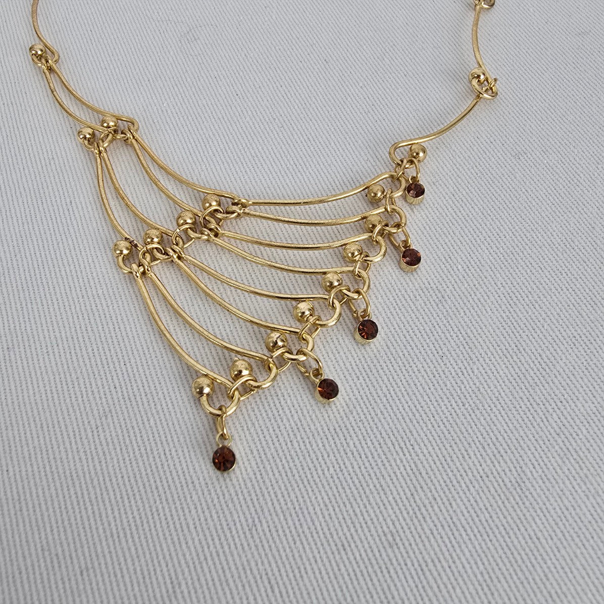 Vintage Gold Tone Brown Crystal Asymmetrical Necklace