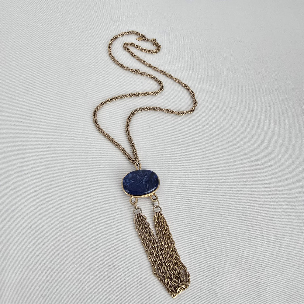 Sarah Coventry Gold Tone Marbled Blue Pendant Chain Necklace