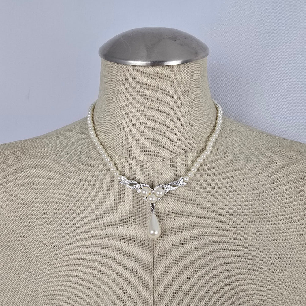 Vintage Vendome Silver Crystal Faux Pearl Teardrop Necklace