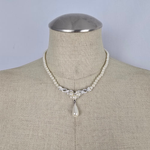 Vintage Vendome Silver Crystal Faux Pearl Teardrop Necklace