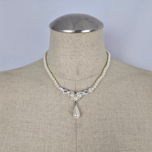 Vintage Vendome Silver Crystal Faux Pearl Teardrop Necklace