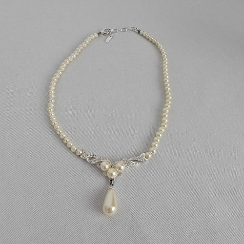 Vintage Vendome Silver Crystal Faux Pearl Teardrop Necklace