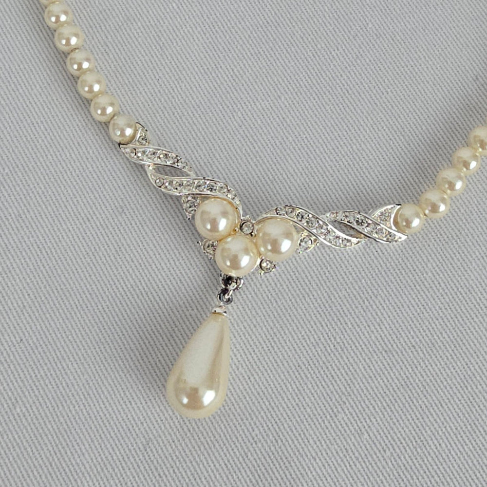 Vintage Vendome Silver Crystal Faux Pearl Teardrop Necklace