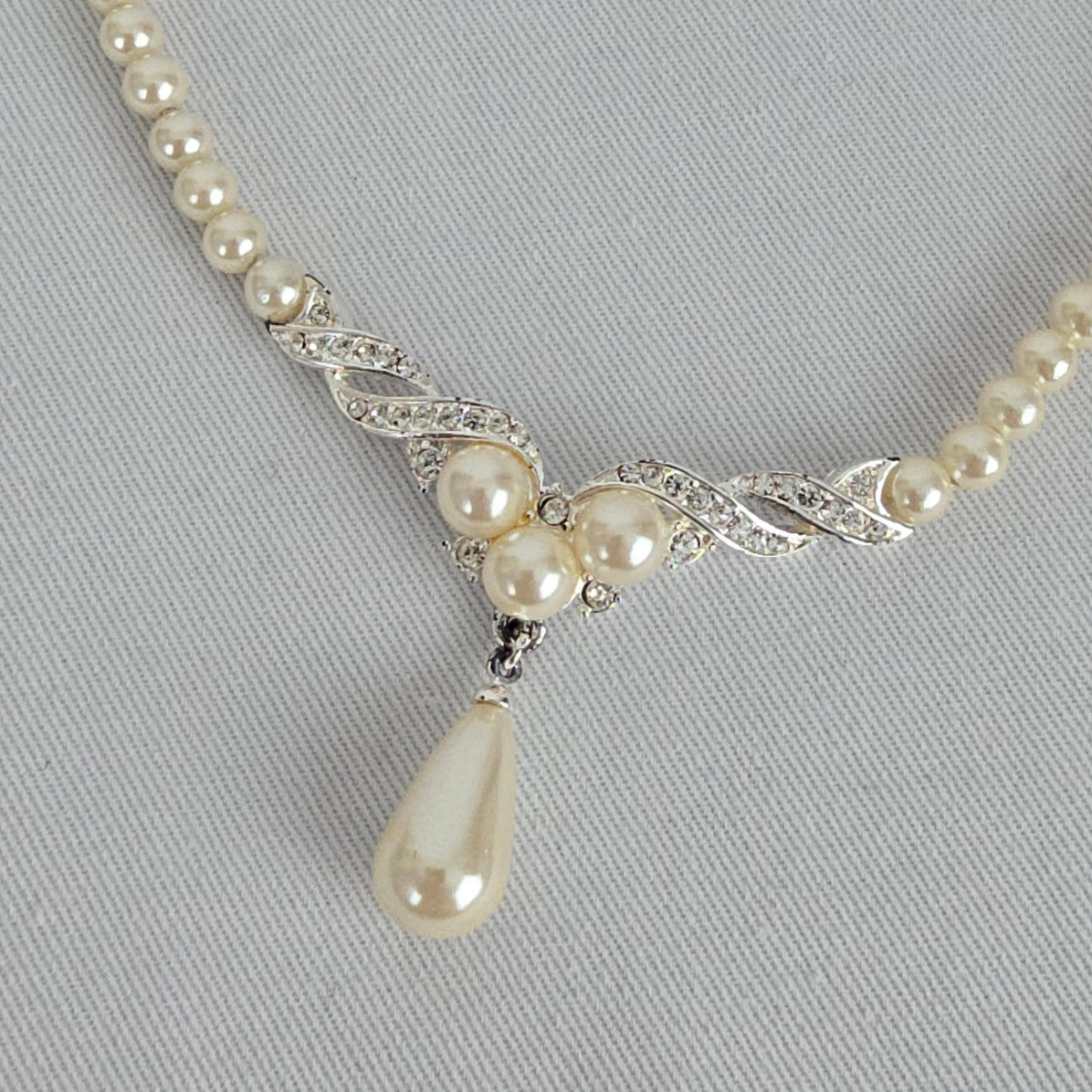 Vintage Vendome Silver Crystal Faux Pearl Teardrop Necklace