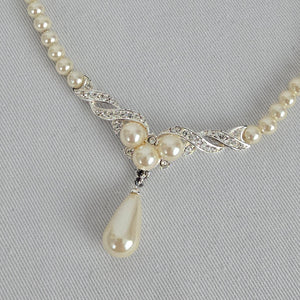 Vintage Vendome Silver Crystal Faux Pearl Teardrop Necklace