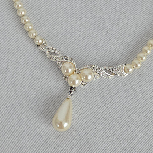 Vintage Vendome Silver Crystal Faux Pearl Teardrop Necklace