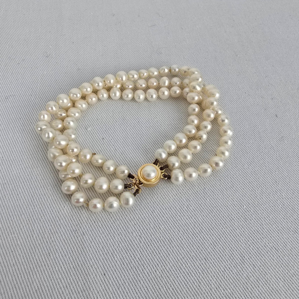 Vintage 14k Gold Pearl 3 Strand Bracelet