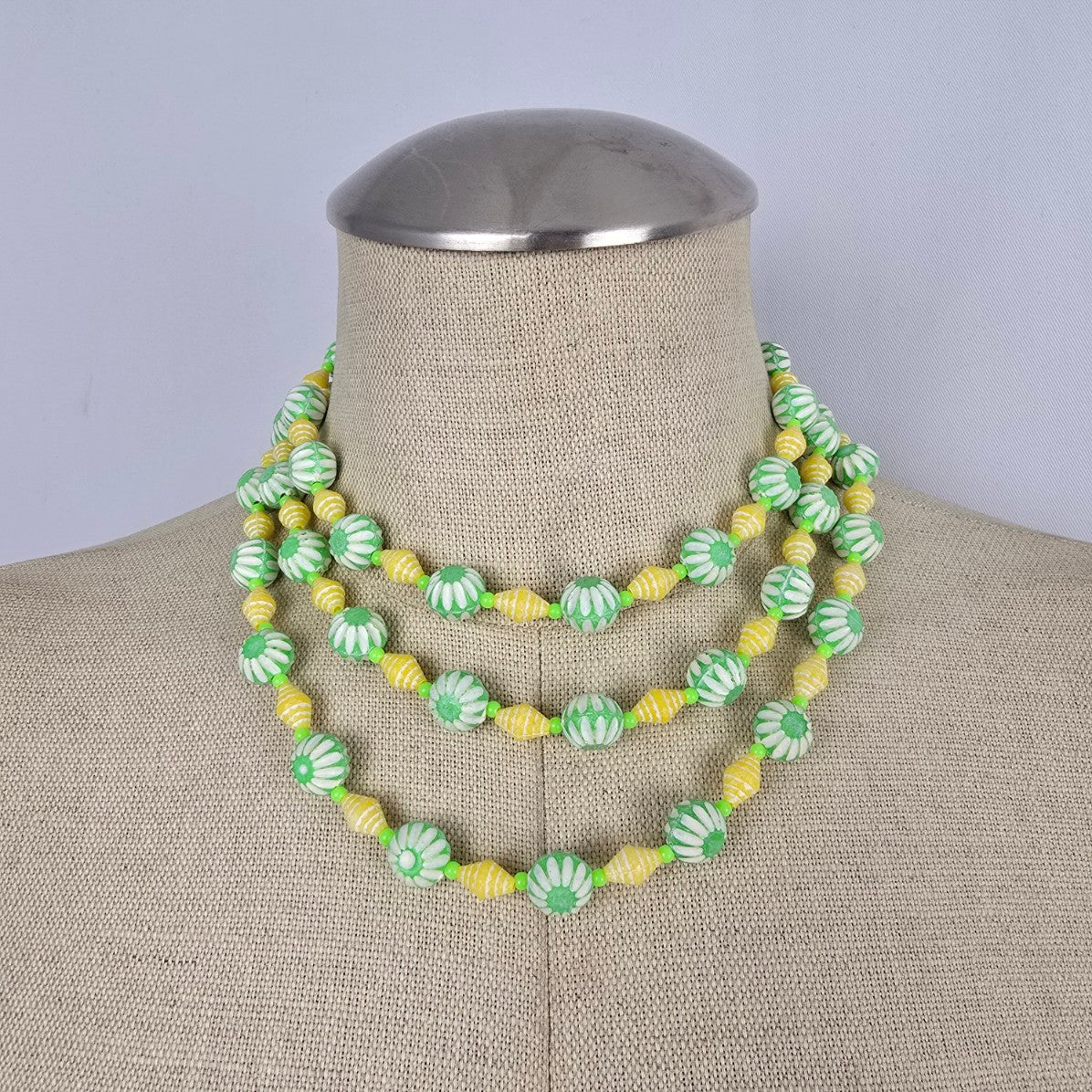 Vintage Green & Yellow Carved Beaded Long Necklace