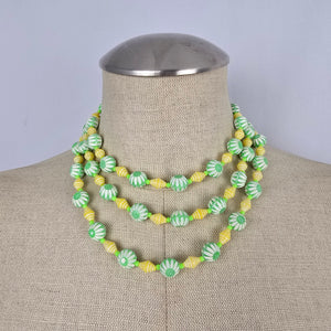 Vintage Green & Yellow Carved Beaded Long Necklace