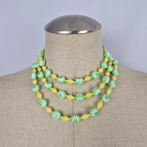 Vintage Green & Yellow Carved Beaded Long Necklace