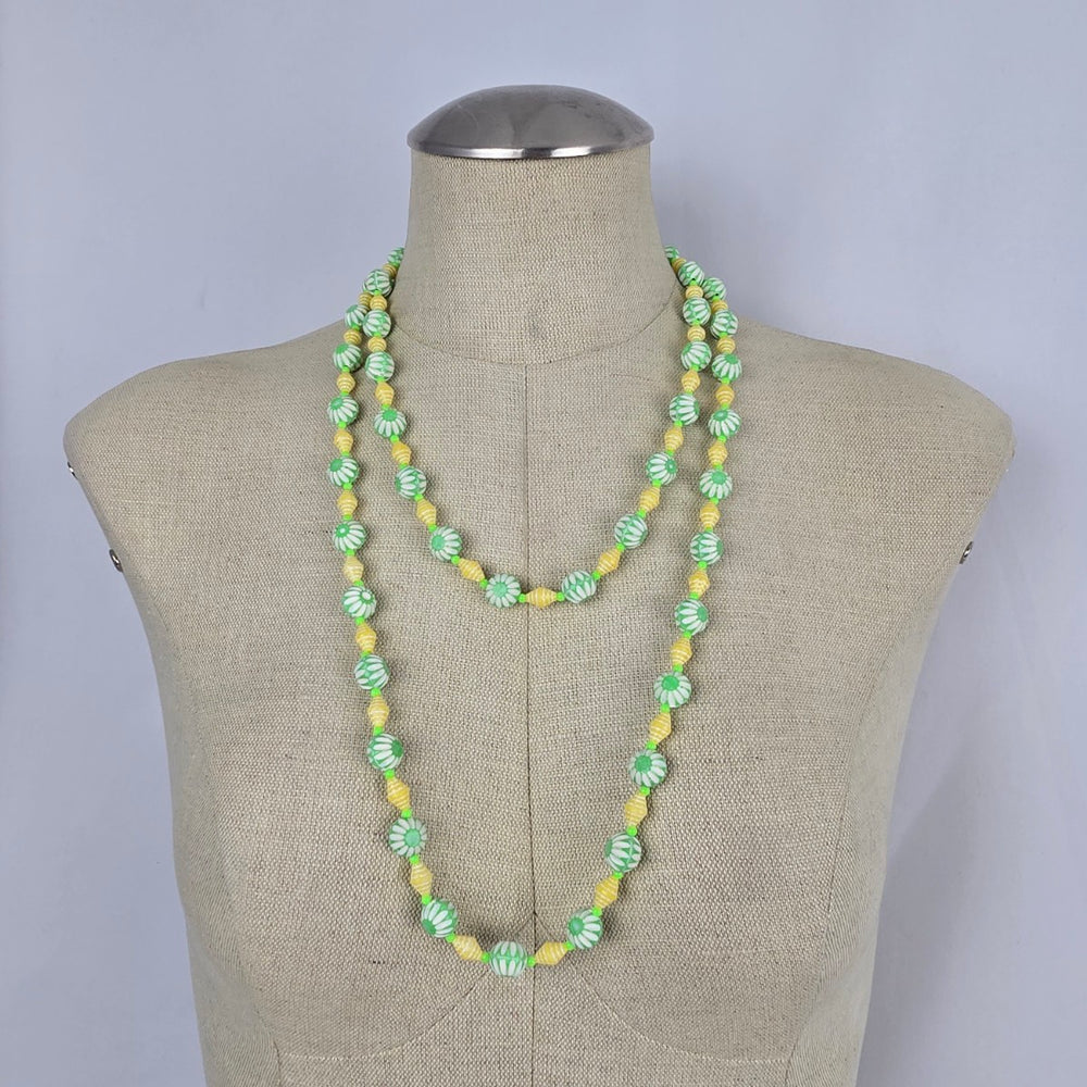 Vintage Green & Yellow Carved Beaded Long Necklace