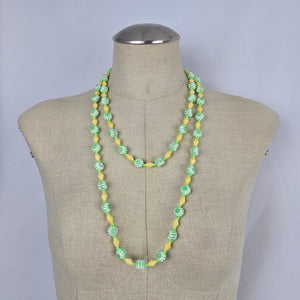 Vintage Green & Yellow Carved Beaded Long Necklace