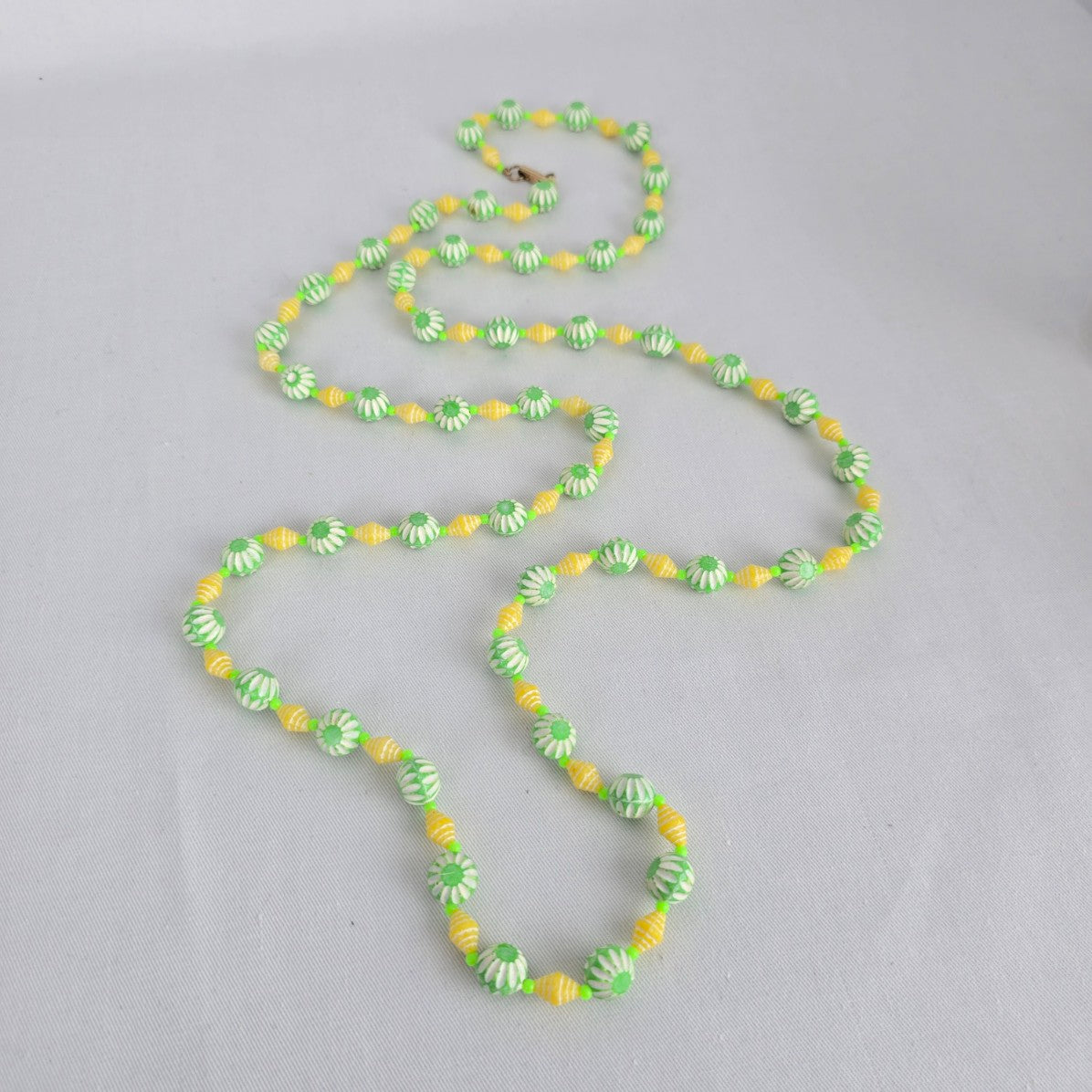 Vintage Green & Yellow Carved Beaded Long Necklace