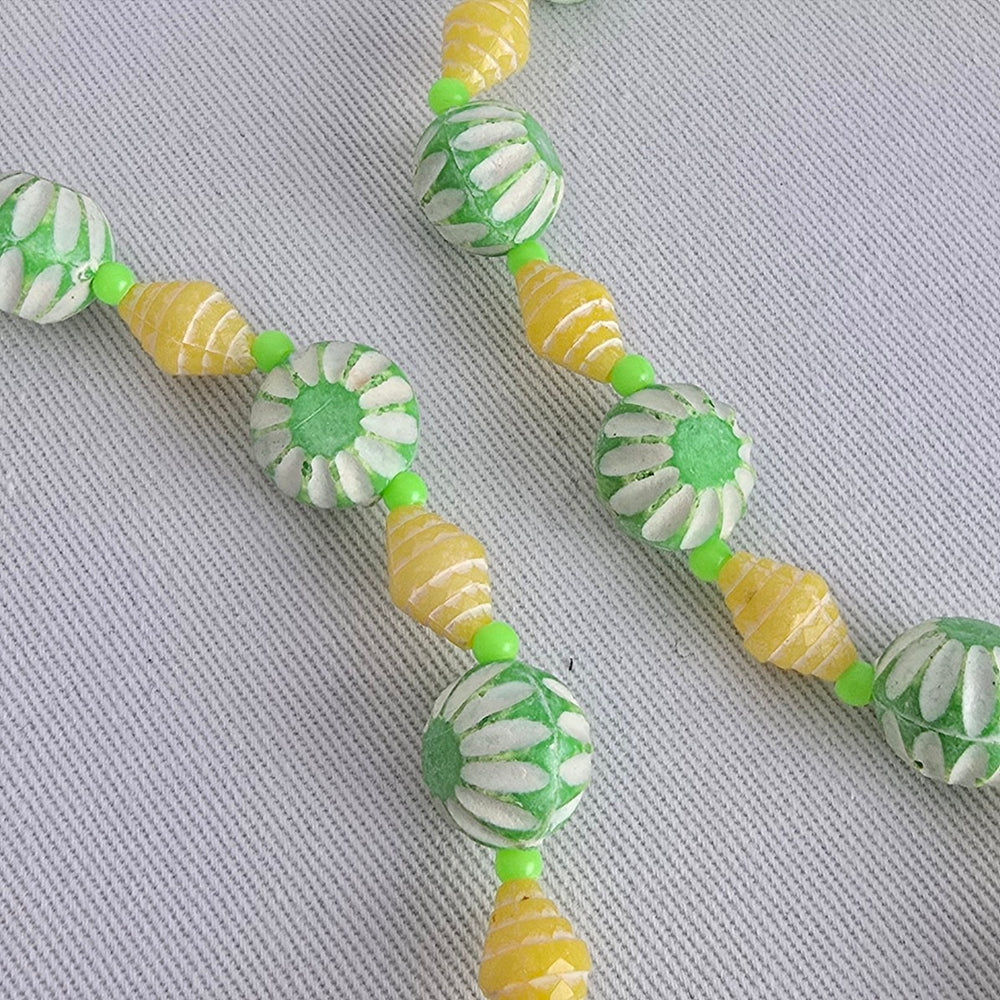 Vintage Green & Yellow Carved Beaded Long Necklace