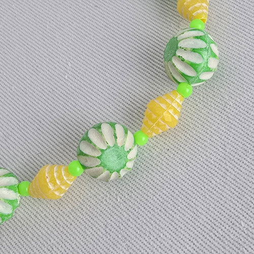 Vintage Green & Yellow Carved Beaded Long Necklace