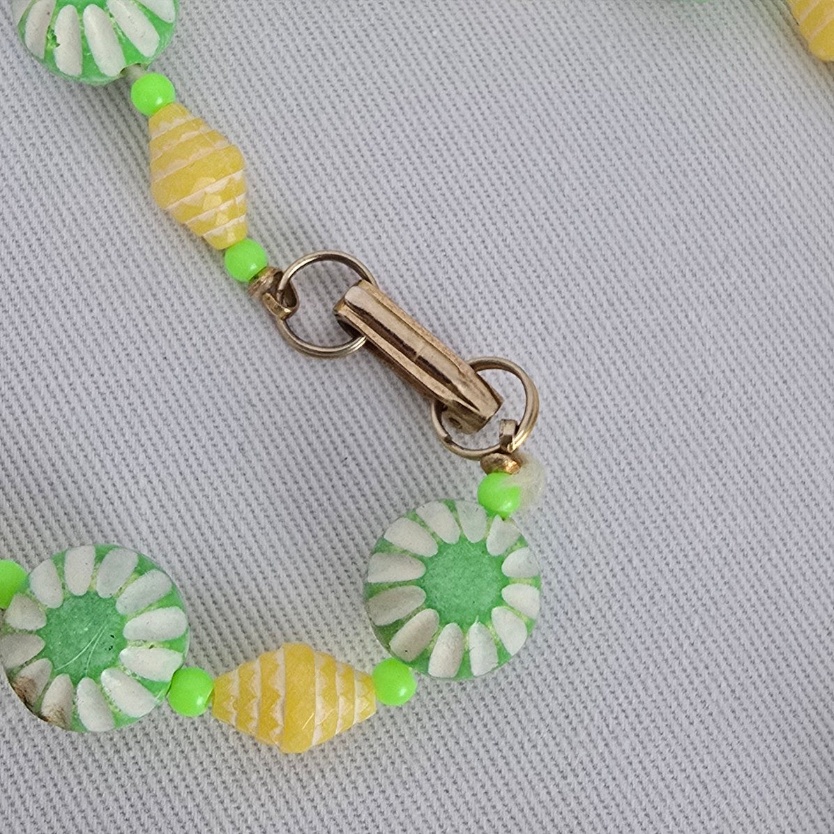 Vintage Green & Yellow Carved Beaded Long Necklace