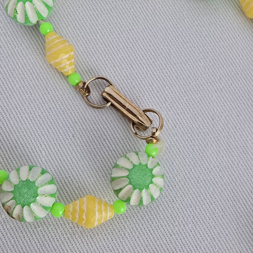 Vintage Green & Yellow Carved Beaded Long Necklace