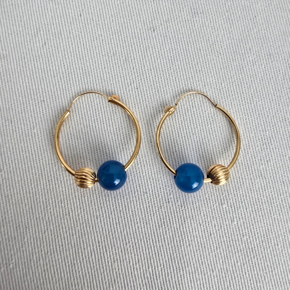 Vintage 14KT Yellow Gold Hoop Earrings 6 Sets of Natural Stone Beads