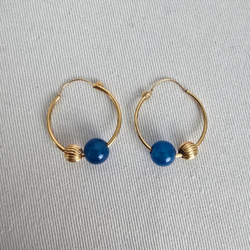 Vintage 14KT Yellow Gold Hoop Earrings 6 Sets of Natural Stone Beads