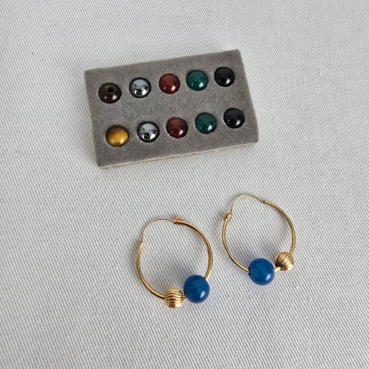 Vintage 14KT Yellow Gold Hoop Earrings 6 Sets of Natural Stone Beads