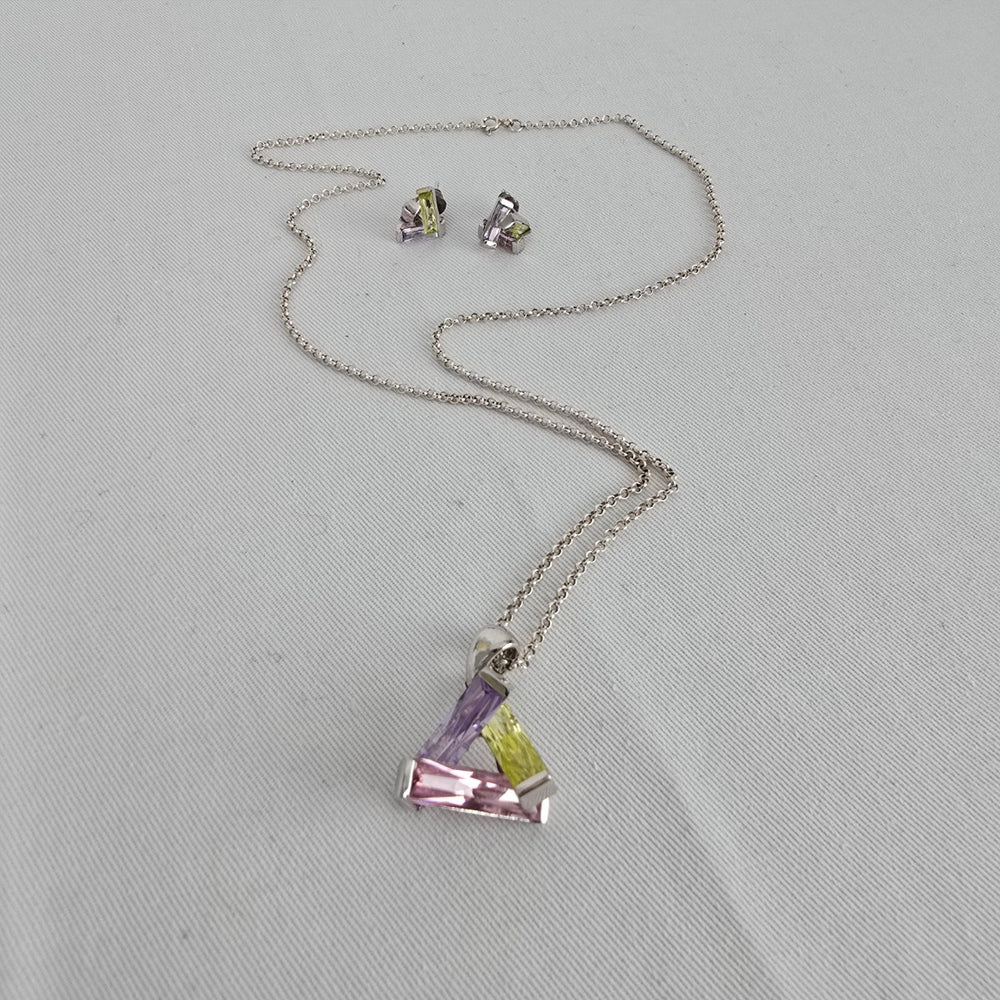 925 Sterling Silver Gemstone Crystal Pendant Necklace Earring Set