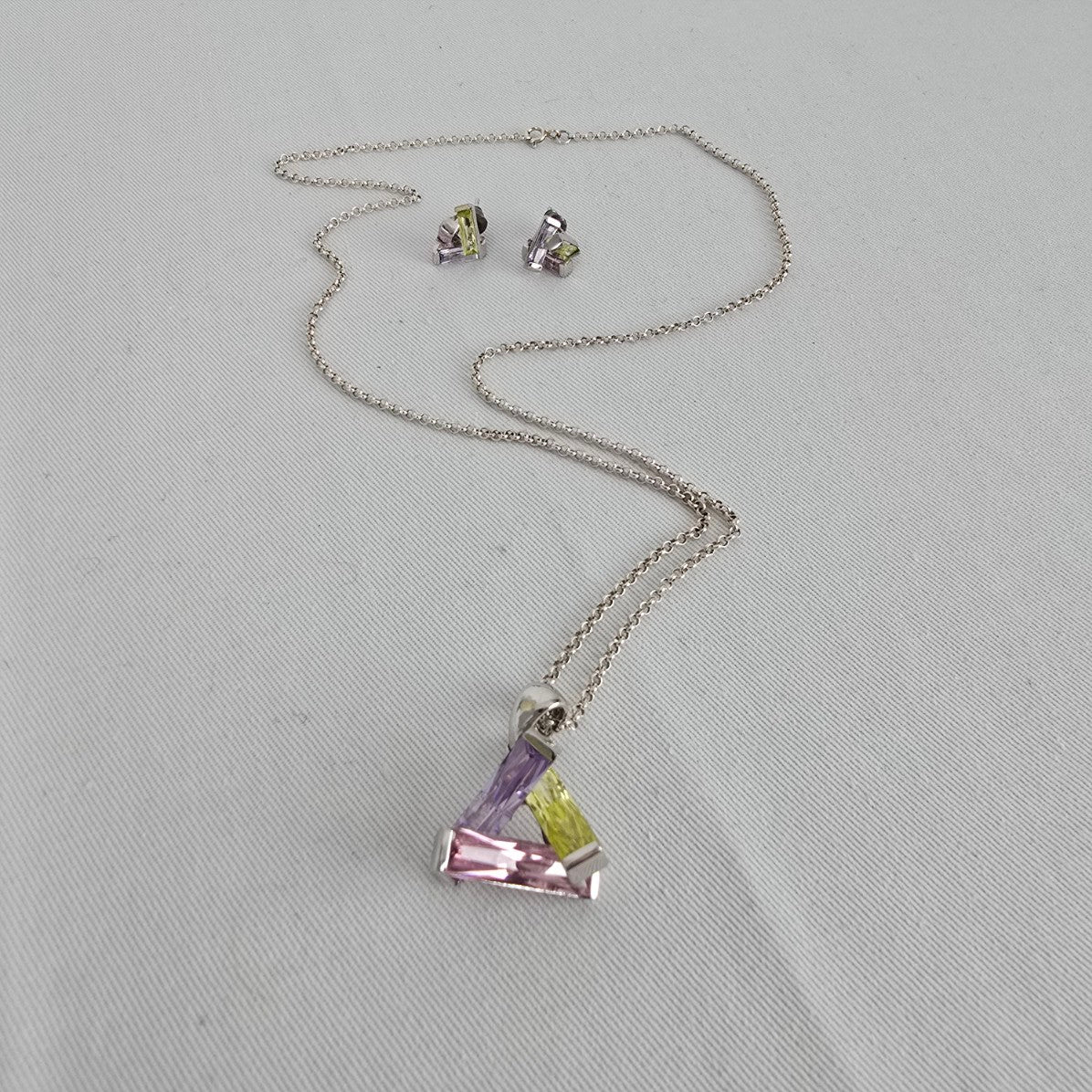 925 Sterling Silver Gemstone Crystal Pendant Necklace Earring Set