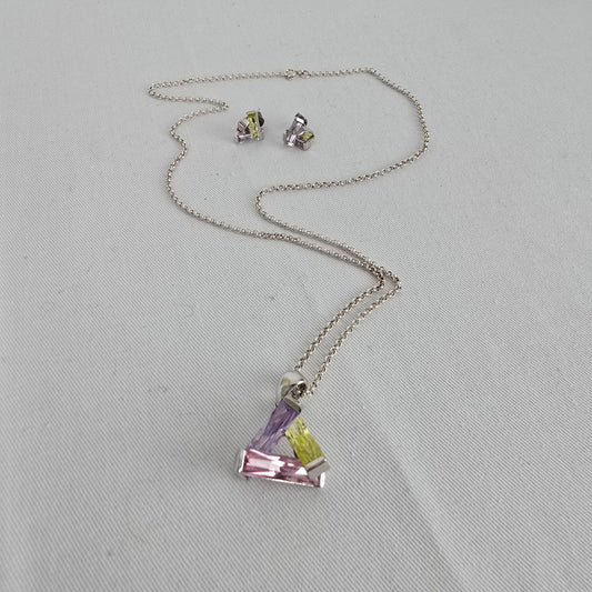 925 Sterling Silver Gemstone Crystal Pendant Necklace Earring Set