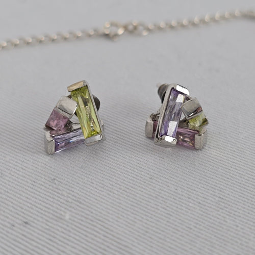 925 Sterling Silver Gemstone Crystal Pendant Necklace Earring Set