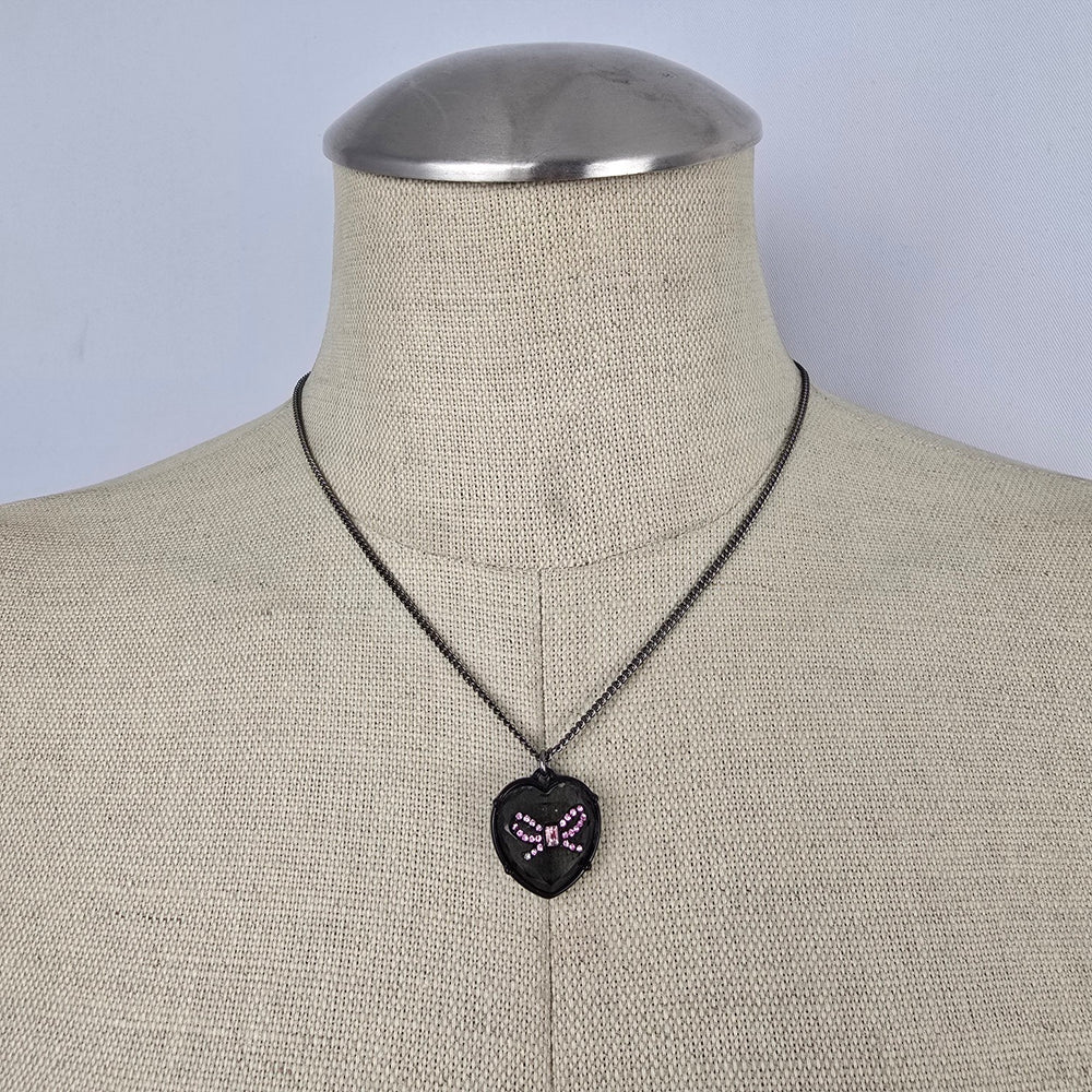 Betsey Johnson Black-Tone Pink Crystal Glitter Heart Pendant Necklace