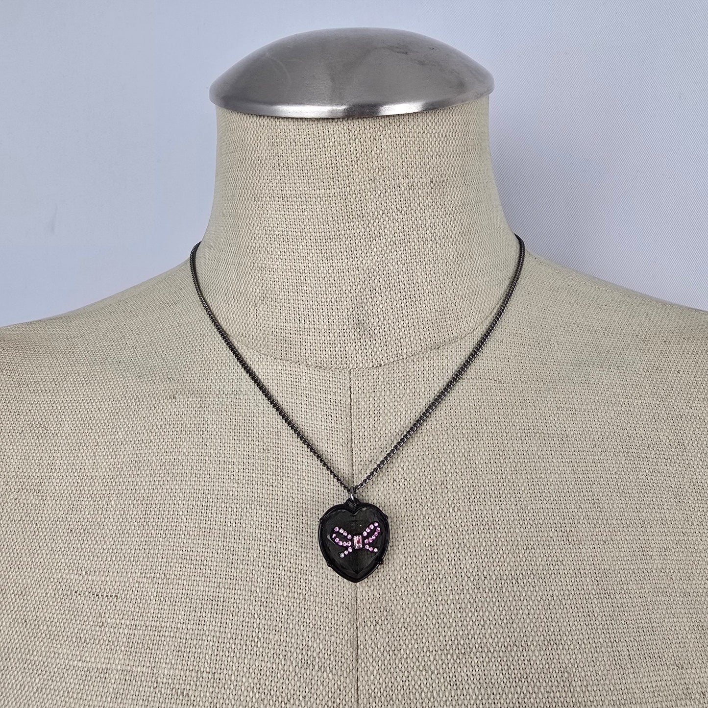 Betsey Johnson Black-Tone Pink Crystal Glitter Heart Pendant Necklace