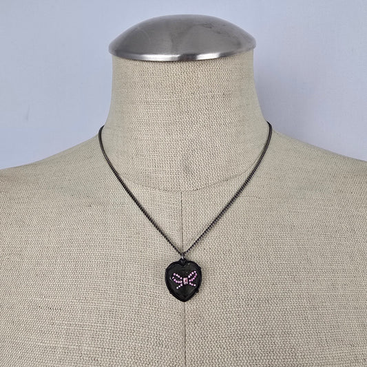 Betsey Johnson Black-Tone Pink Crystal Glitter Heart Pendant Necklace