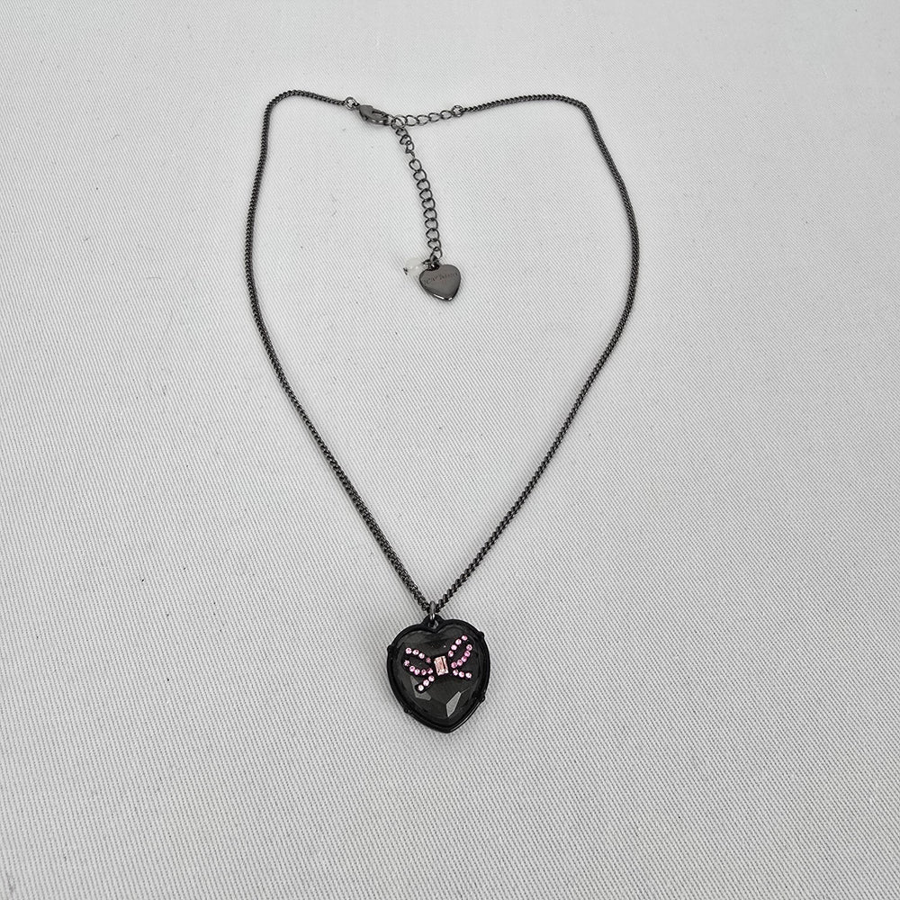 Betsey Johnson Black-Tone Pink Crystal Glitter Heart Pendant Necklace