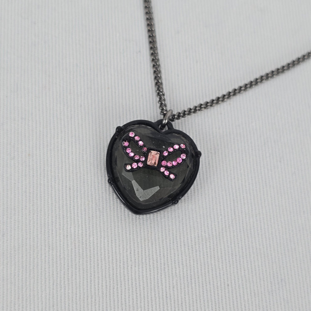 Betsey Johnson Black-Tone Pink Crystal Glitter Heart Pendant Necklace
