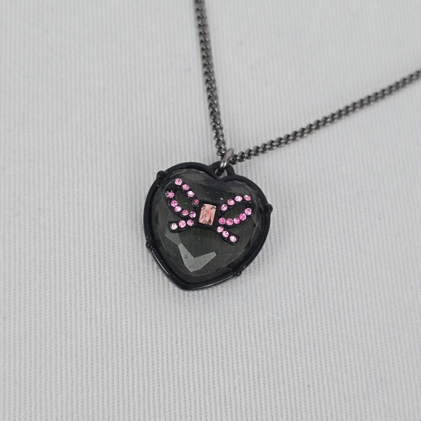 Betsey Johnson Black-Tone Pink Crystal Glitter Heart Pendant Necklace