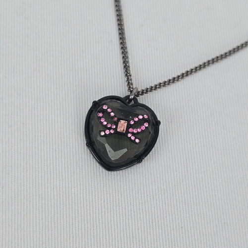 Betsey Johnson Black-Tone Pink Crystal Glitter Heart Pendant Necklace