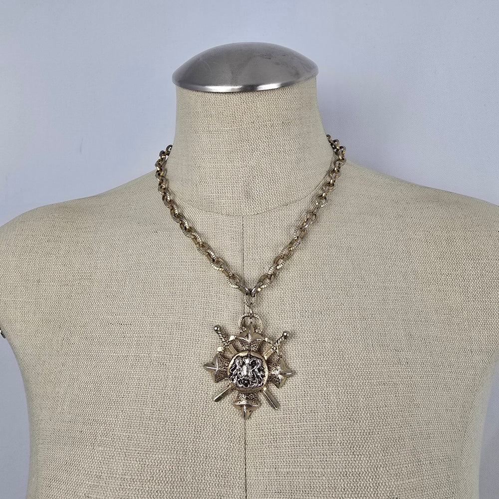 Vintage Gold Tone Shield Medieval Pendant Necklace