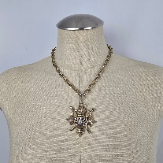 Vintage Gold Tone Shield Medieval Pendant Necklace